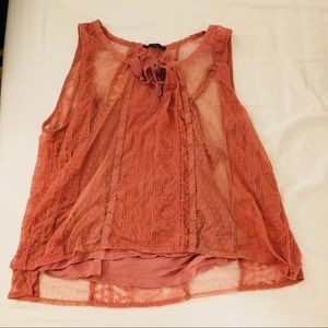 AE pink lace top with tie neck